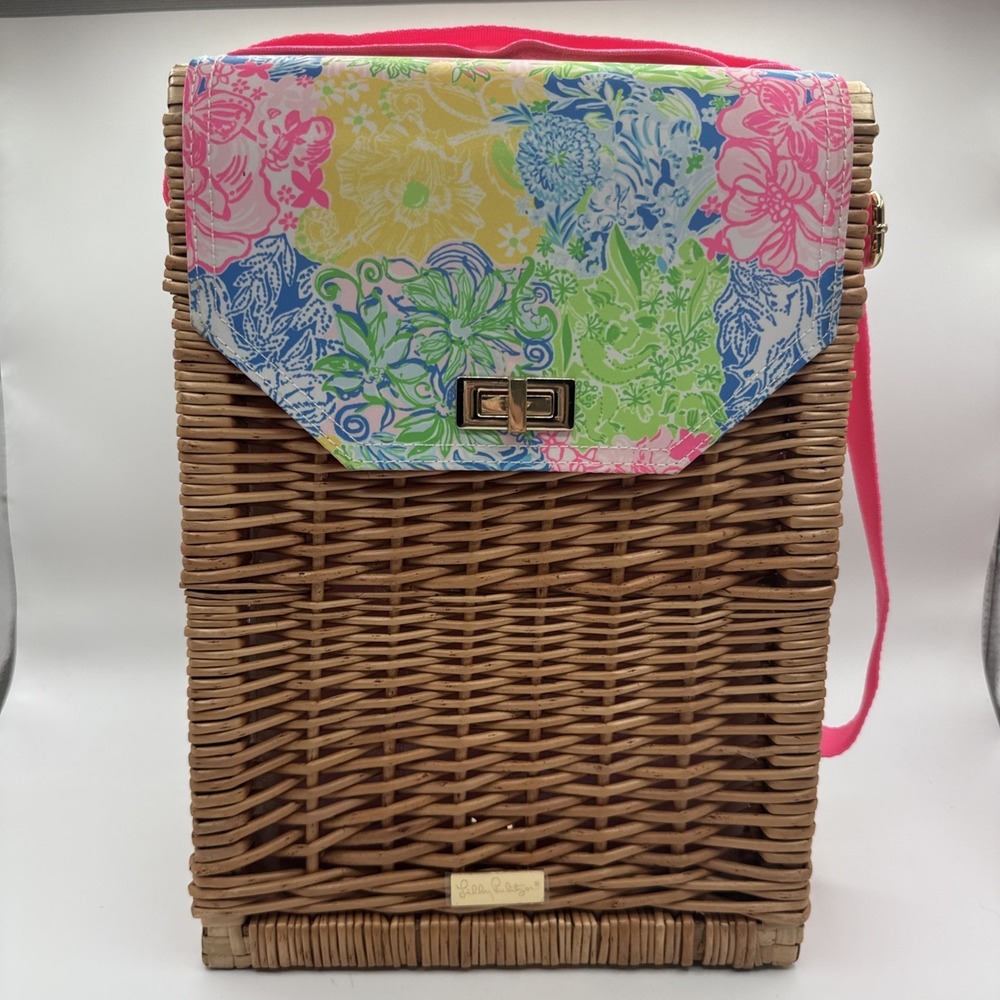 Lilly Pulitzer Wicker Wine Basket Rattan Cheek To Cheek Strap Carrier Floral